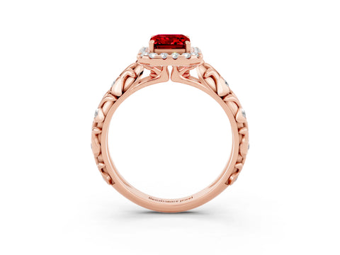 Rose gold Emerald Cut Halo Diamond Solitaire with Filigree Band and Four-Prong Setting_3