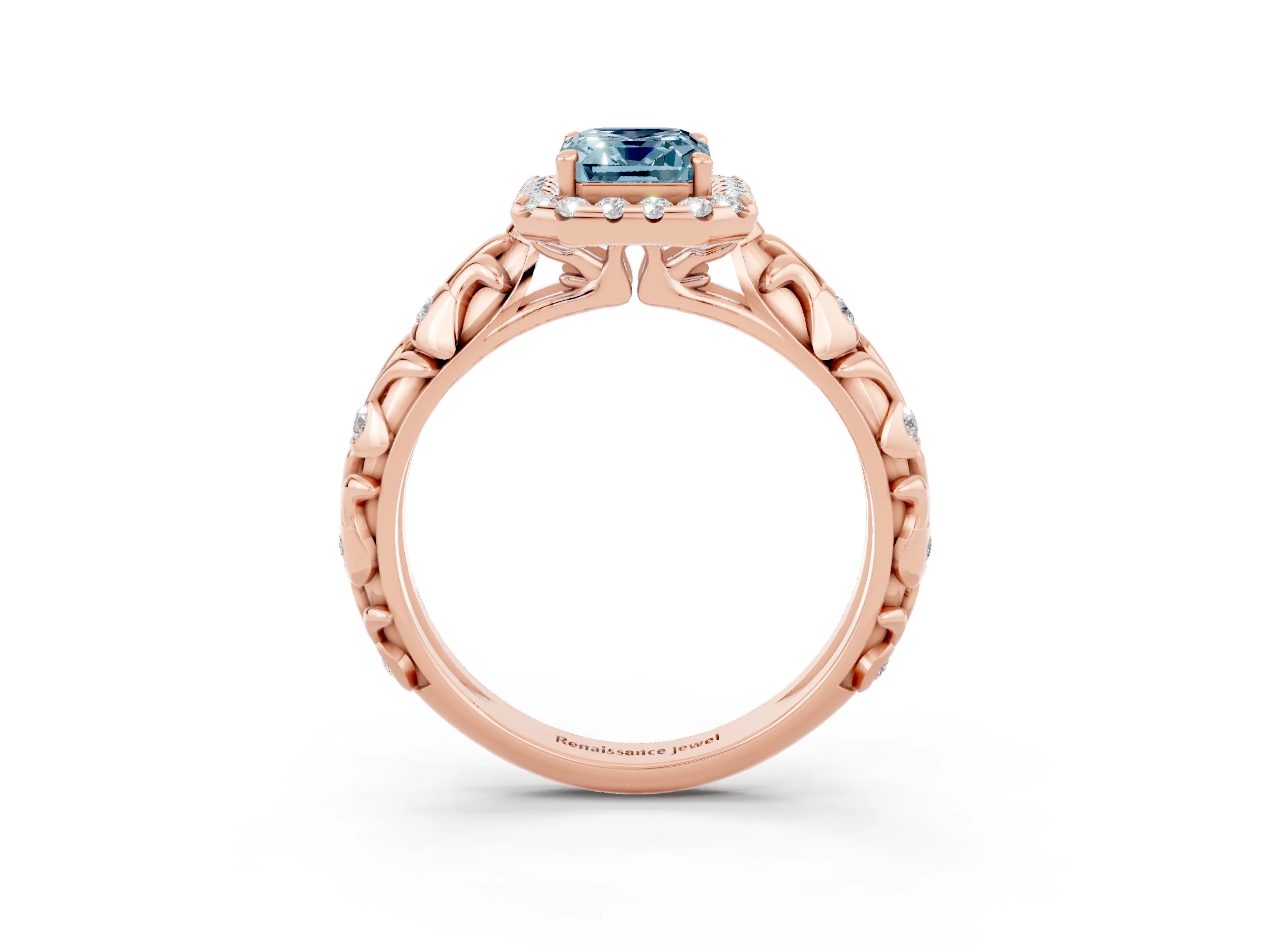 Rose gold Emerald Cut Halo Diamond Solitaire with Filigree Band and Four-Prong Setting_3