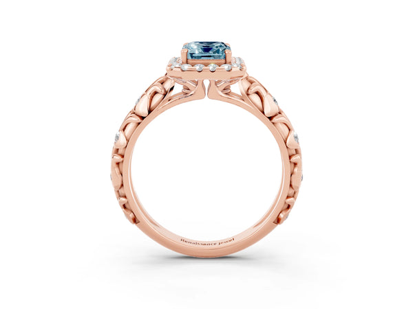 Rose gold Emerald Cut Aquamarine Halo Ring with Filigree Band and Prong Setting