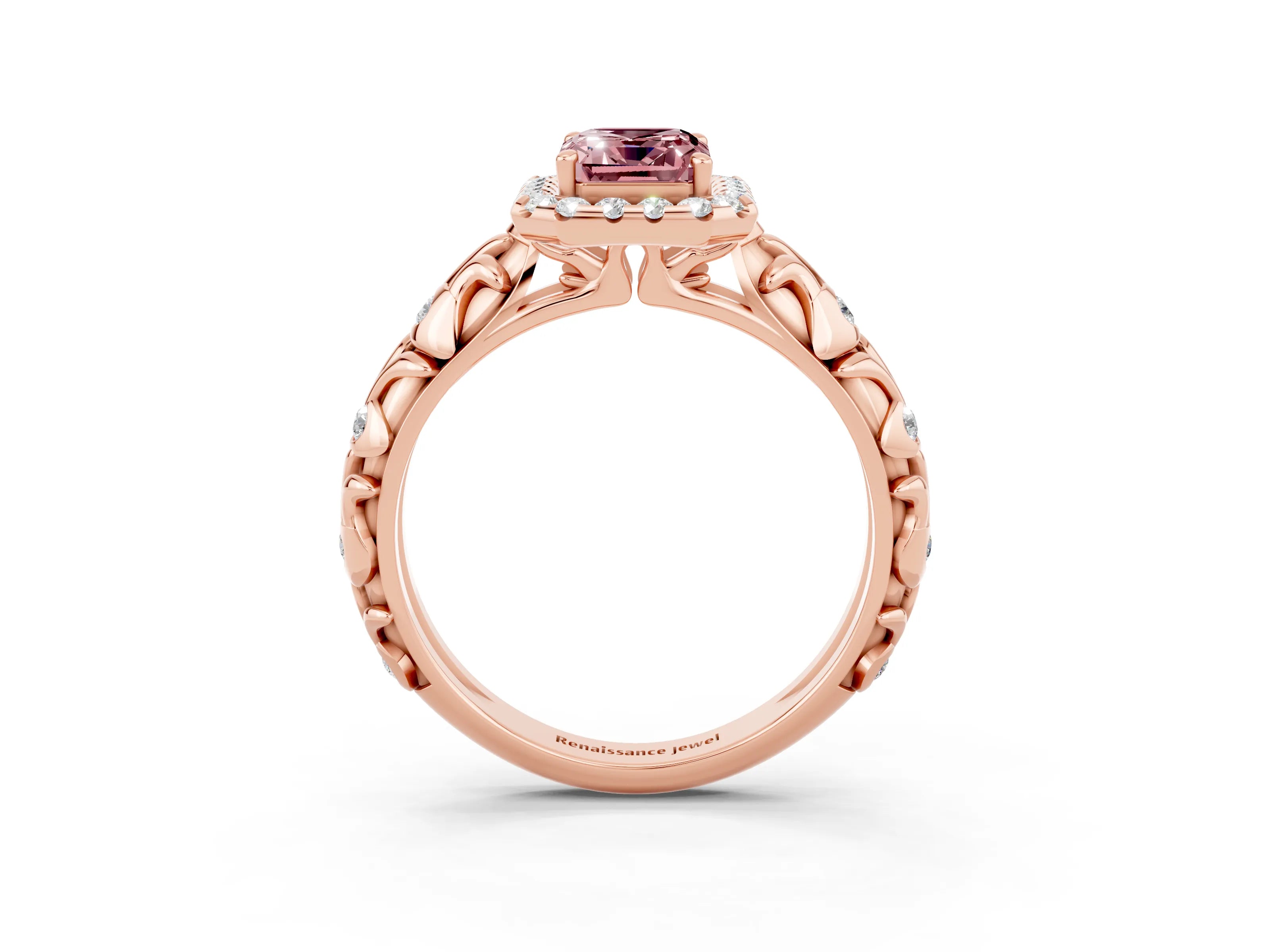 Rose gold Emerald Cut Halo Diamond Solitaire with Filigree Band and Four-Prong Setting_3