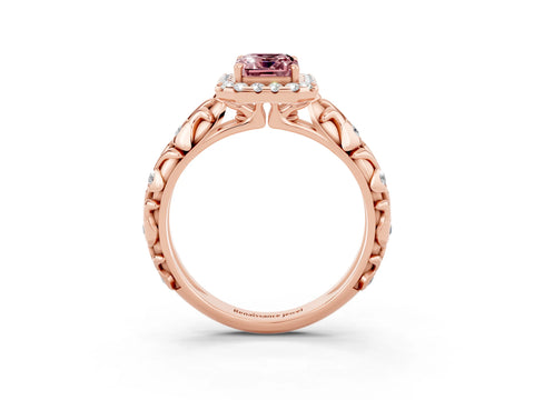Rose gold Emerald Cut Halo Diamond Solitaire with Filigree Band and Four-Prong Setting_3