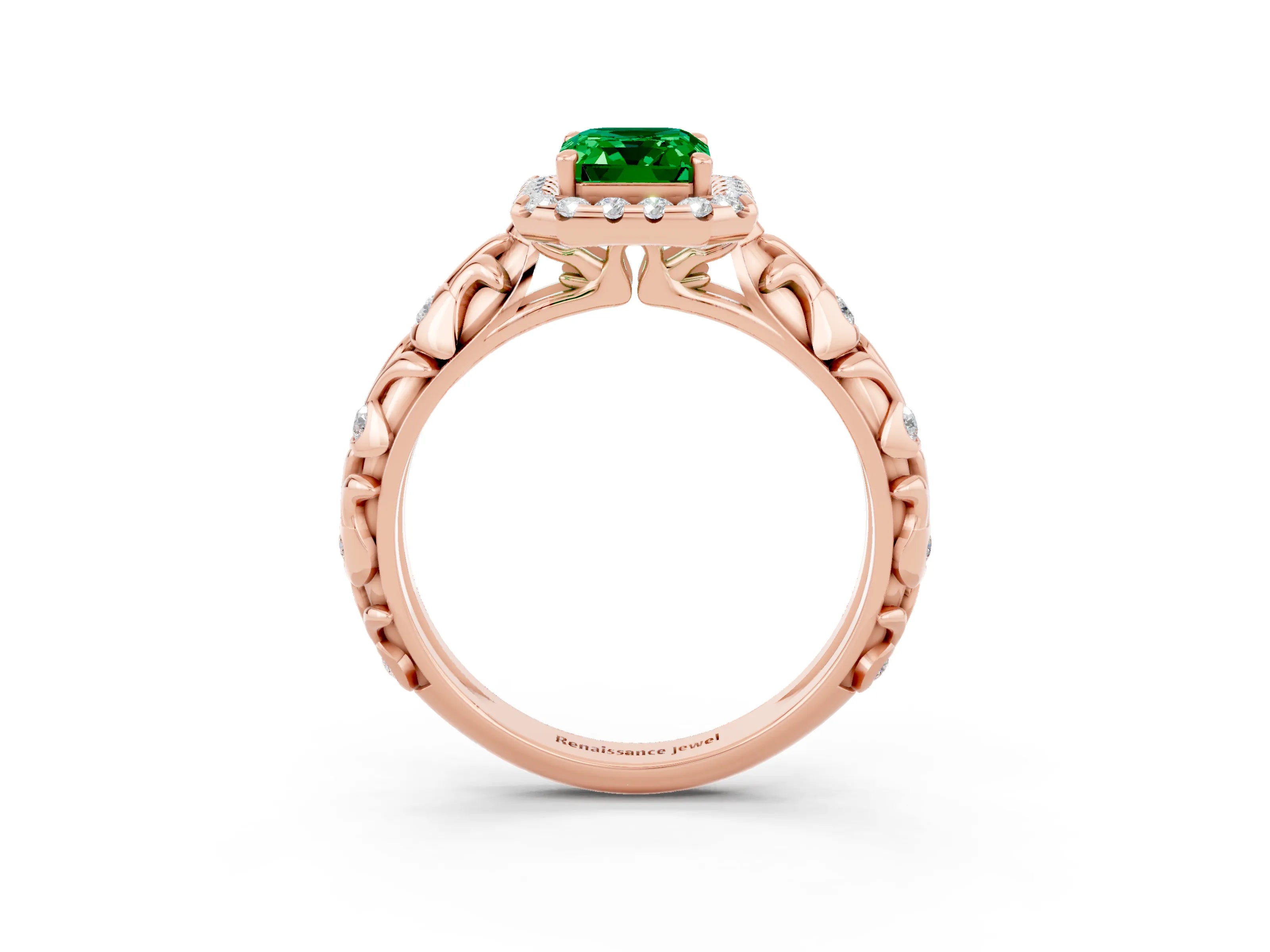 Rose gold Emerald Cut Halo Diamond Solitaire with Filigree Band and Four-Prong Setting_3