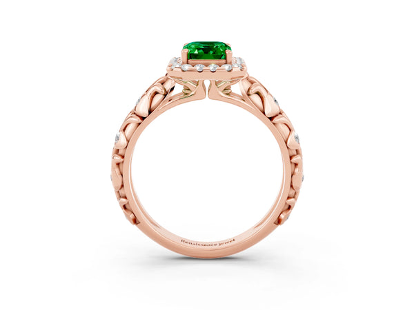 Rose gold Emerald Cut Emerald Halo Ring with Filigree Band and Prong Setting