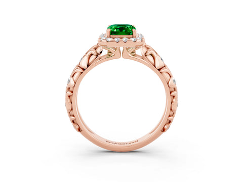 Rose gold Emerald Cut Halo Diamond Solitaire with Filigree Band and Four-Prong Setting_3