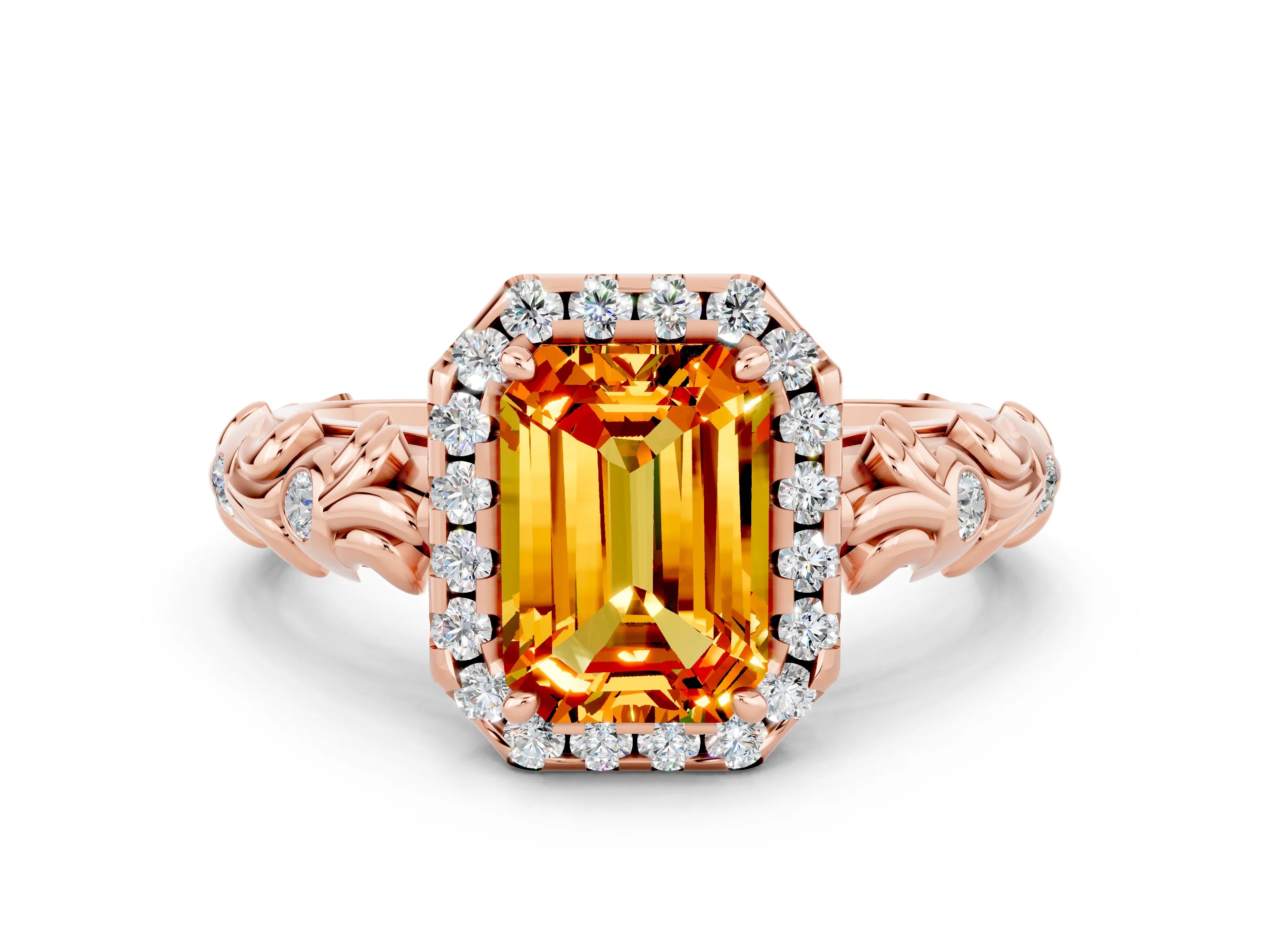 Rose gold Emerald Cut Halo Diamond Solitaire with Filigree Band and Four-Prong Setting