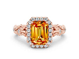 Rose gold Emerald Cut Halo Diamond Solitaire with Filigree Band and Four-Prong Setting
