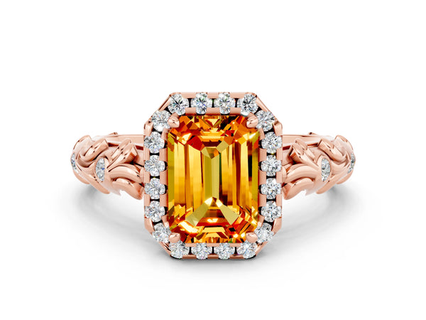 Rose gold Emerald Cut Citrine Halo Ring with Filigree Band and Prong Setting