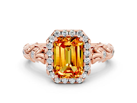 Rose gold Emerald Cut Halo Diamond Solitaire with Filigree Band and Four-Prong Setting