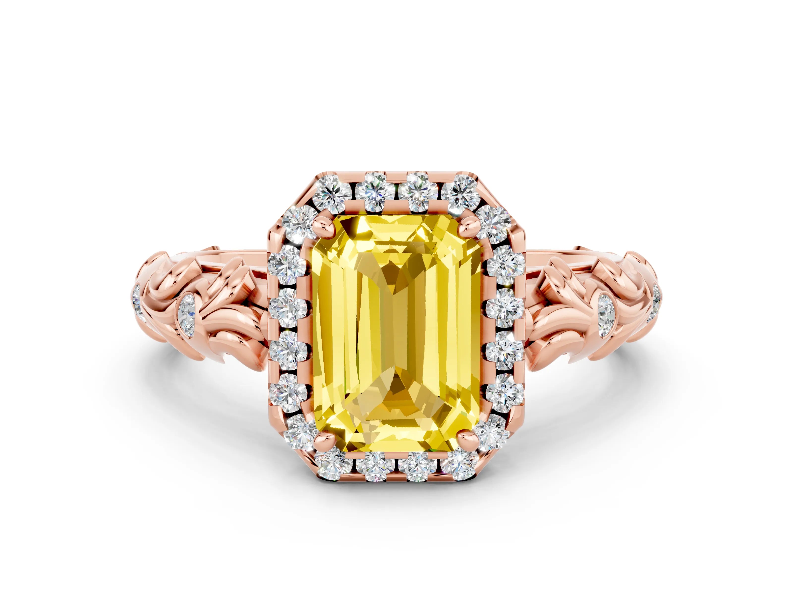 Rose gold Emerald Cut Halo Diamond Solitaire with Filigree Band and Four-Prong Setting