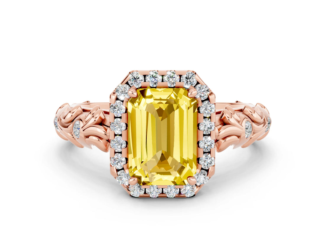 Rose gold Emerald Cut Halo Diamond Solitaire with Filigree Band and Four-Prong Setting