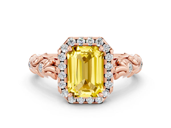 Rose gold Emerald Cut Yellow Sapphire Halo Ring with Filigree Band and Prong Setting
