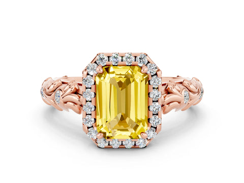 Rose gold Emerald Cut Halo Diamond Solitaire with Filigree Band and Four-Prong Setting