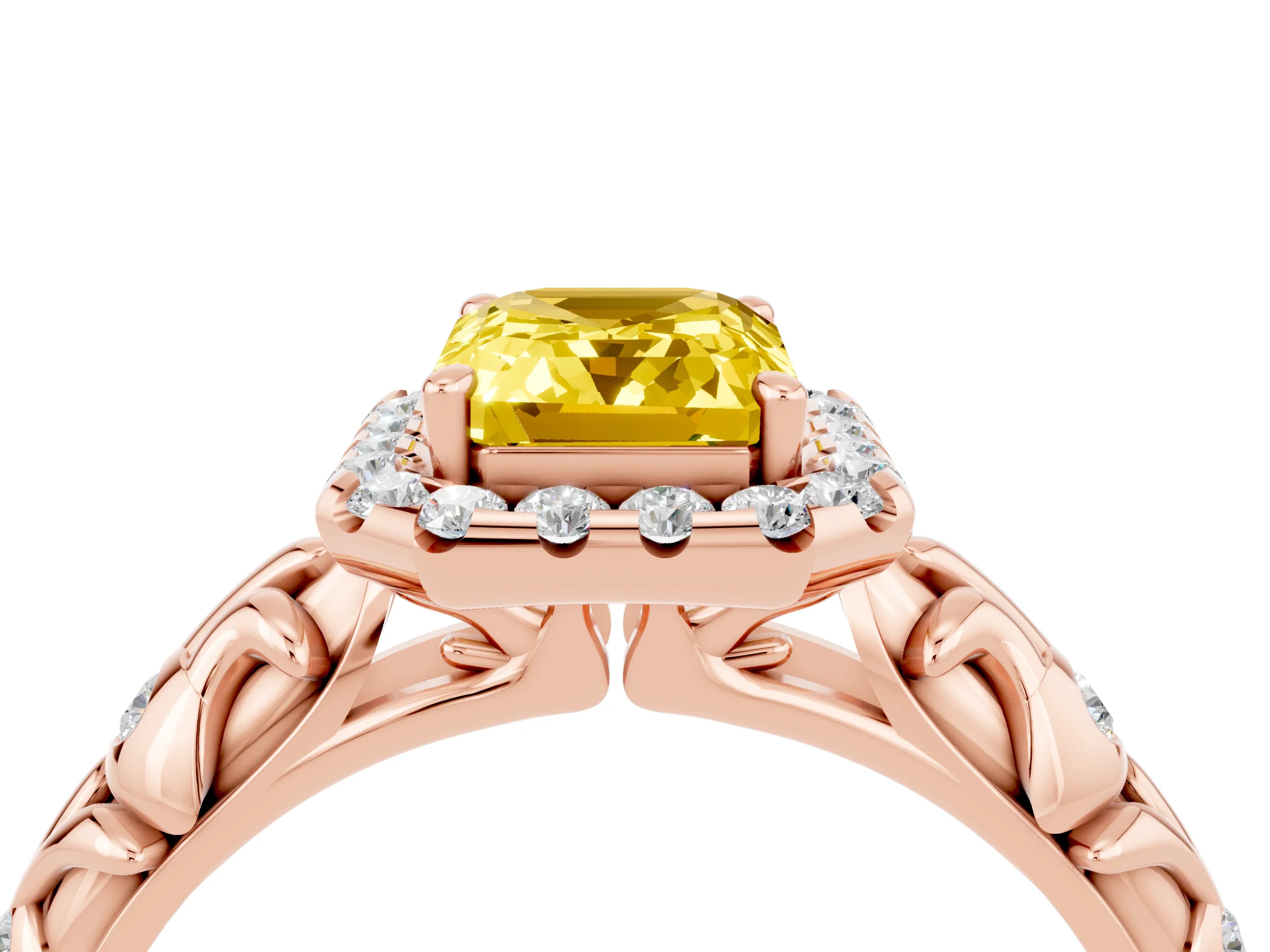 Rose gold Emerald Cut Halo Diamond Solitaire with Filigree Band and Four-Prong Setting_4
