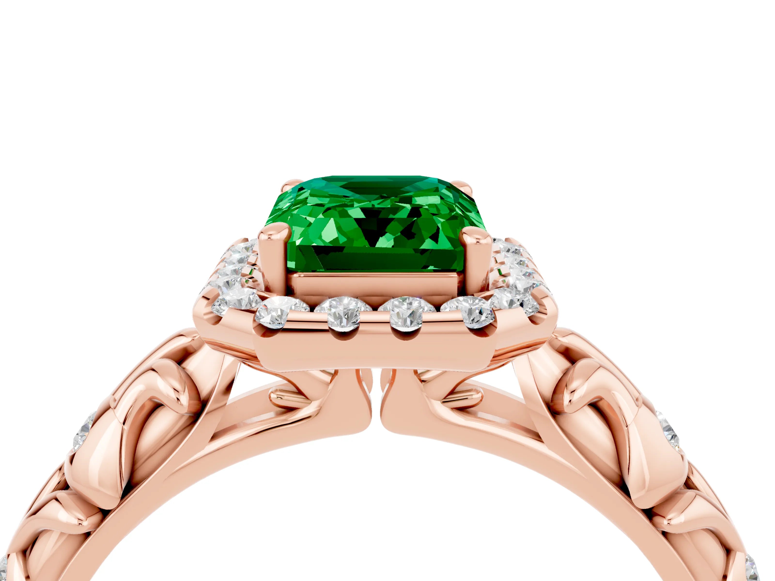 Rose gold Emerald Cut Halo Diamond Solitaire with Filigree Band and Four-Prong Setting_4