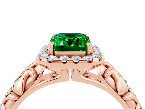 Rose gold Emerald Cut Halo Diamond Solitaire with Filigree Band and Four-Prong Setting_4