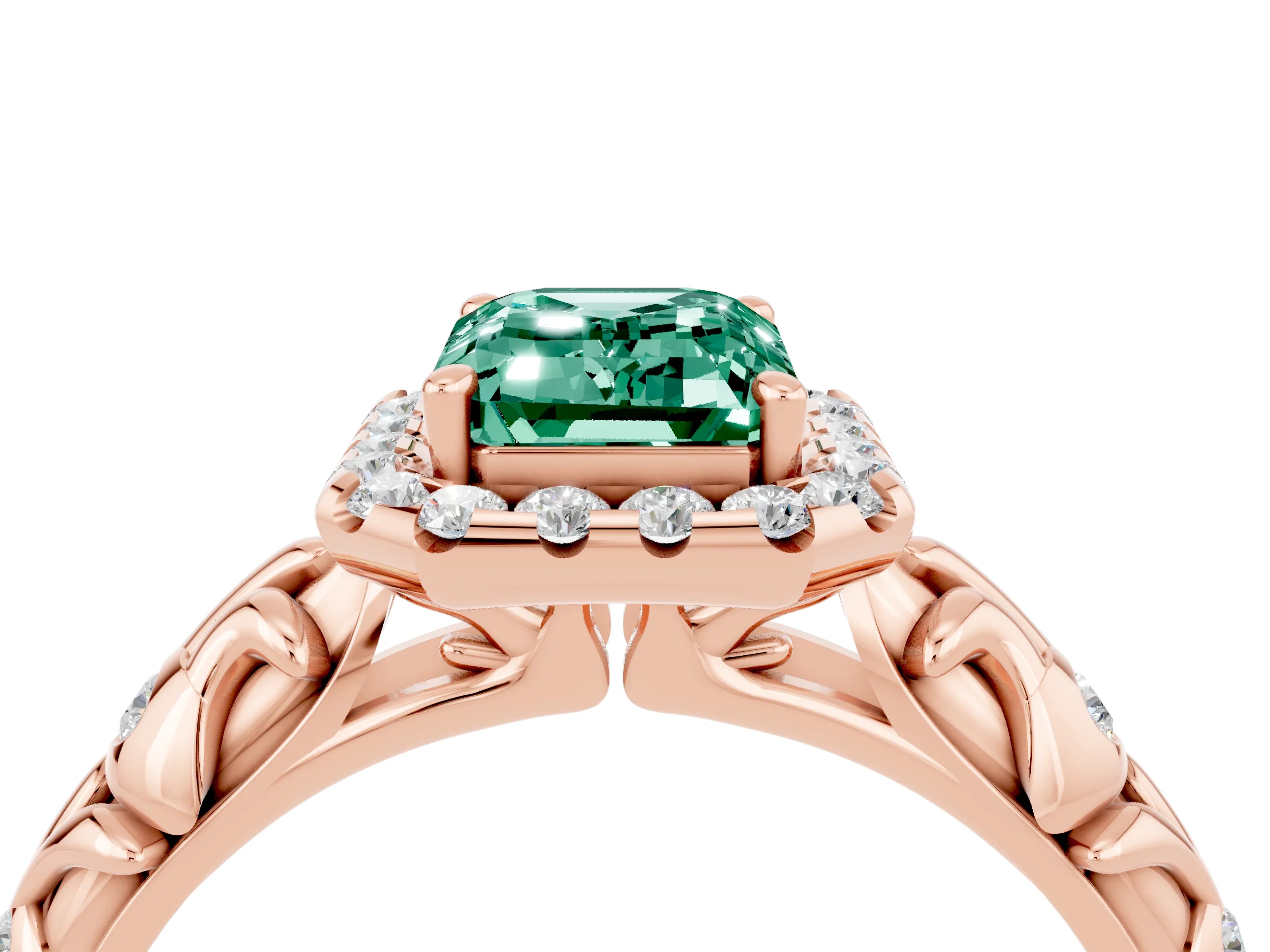 Rose gold Emerald Cut Halo Diamond Solitaire with Filigree Band and Four-Prong Setting_4