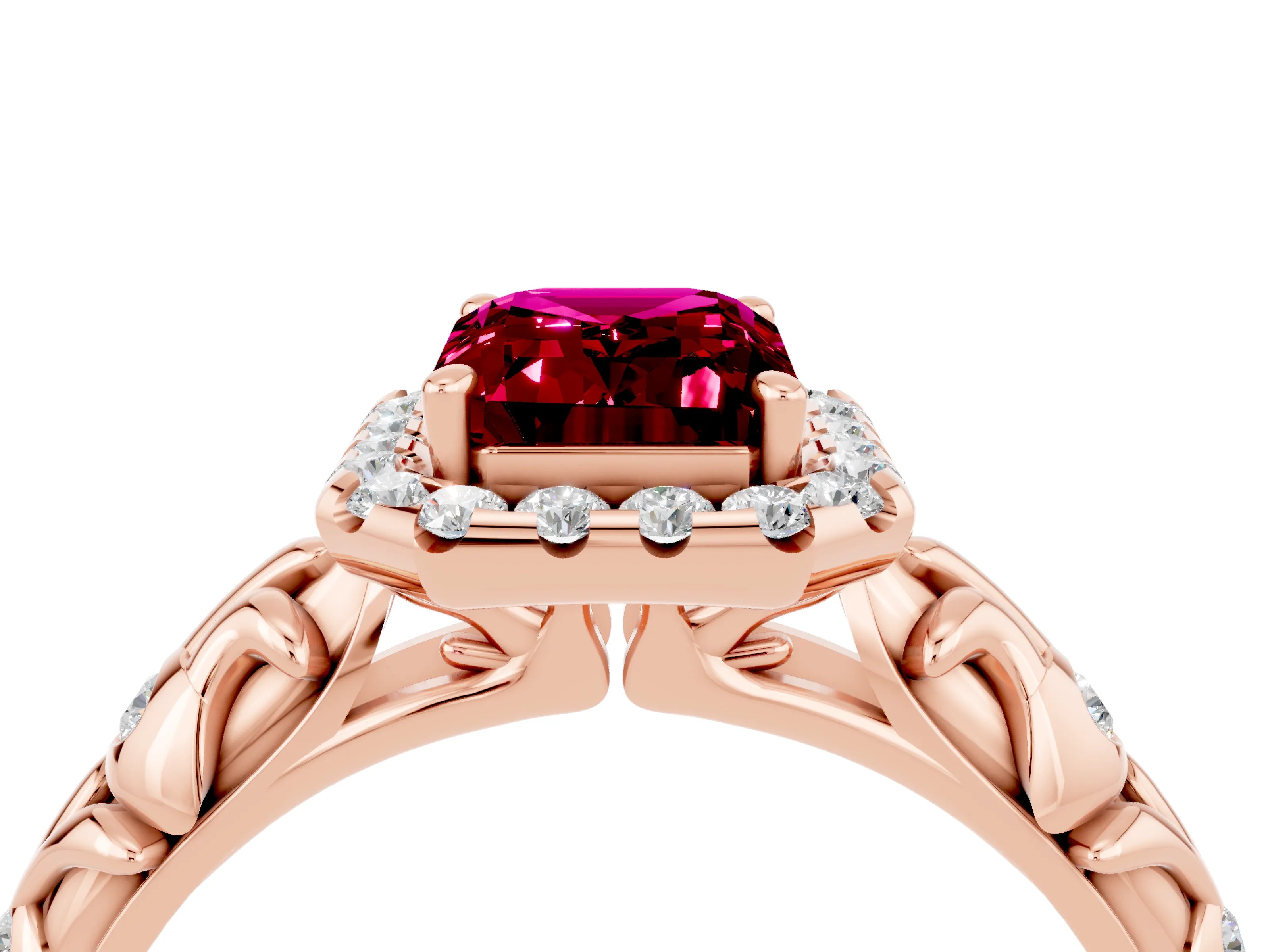 Rose gold Emerald Cut Halo Diamond Solitaire with Filigree Band and Four-Prong Setting_4