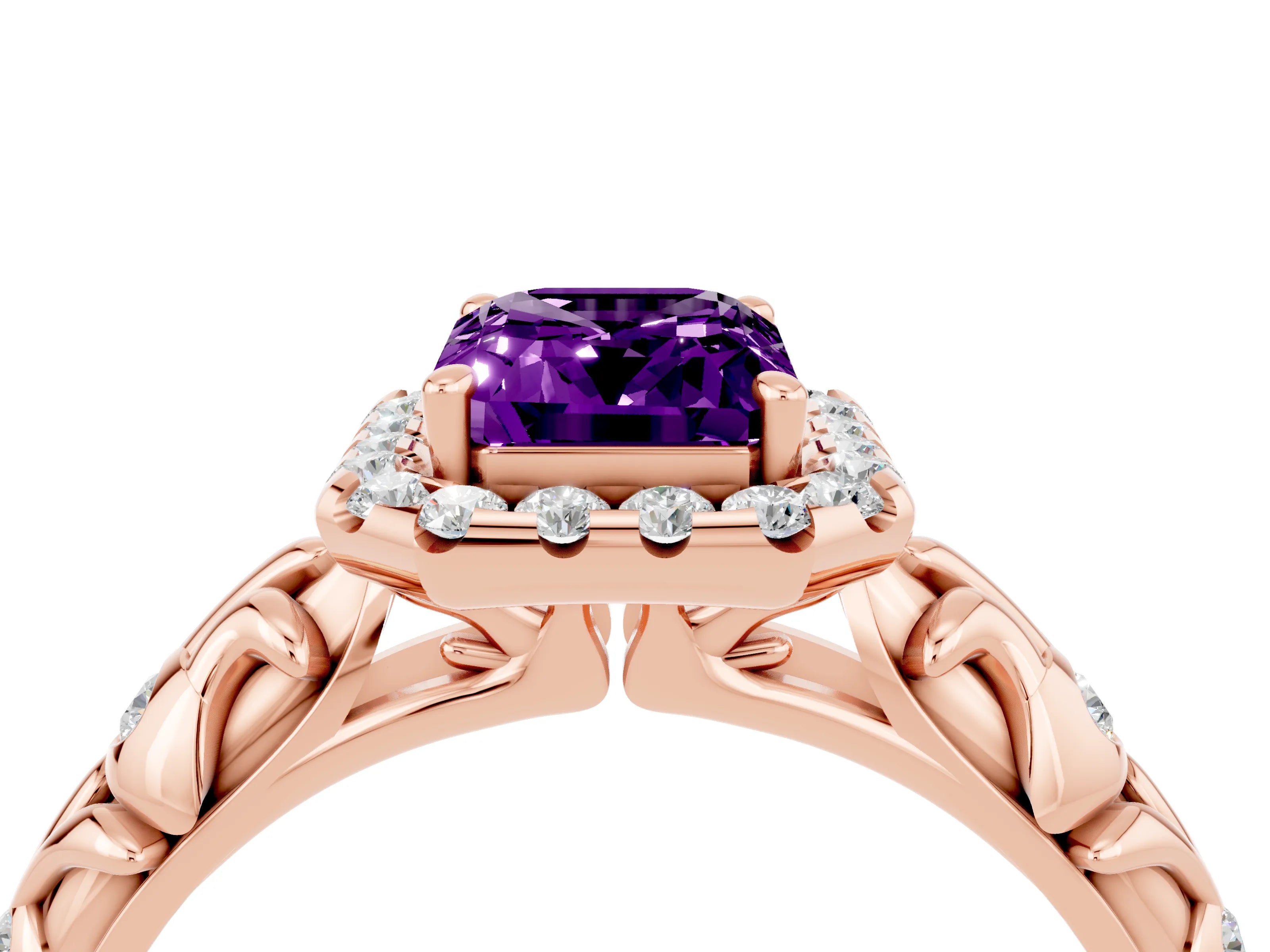 Rose gold Emerald Cut Halo Diamond Solitaire with Filigree Band and Four-Prong Setting_4