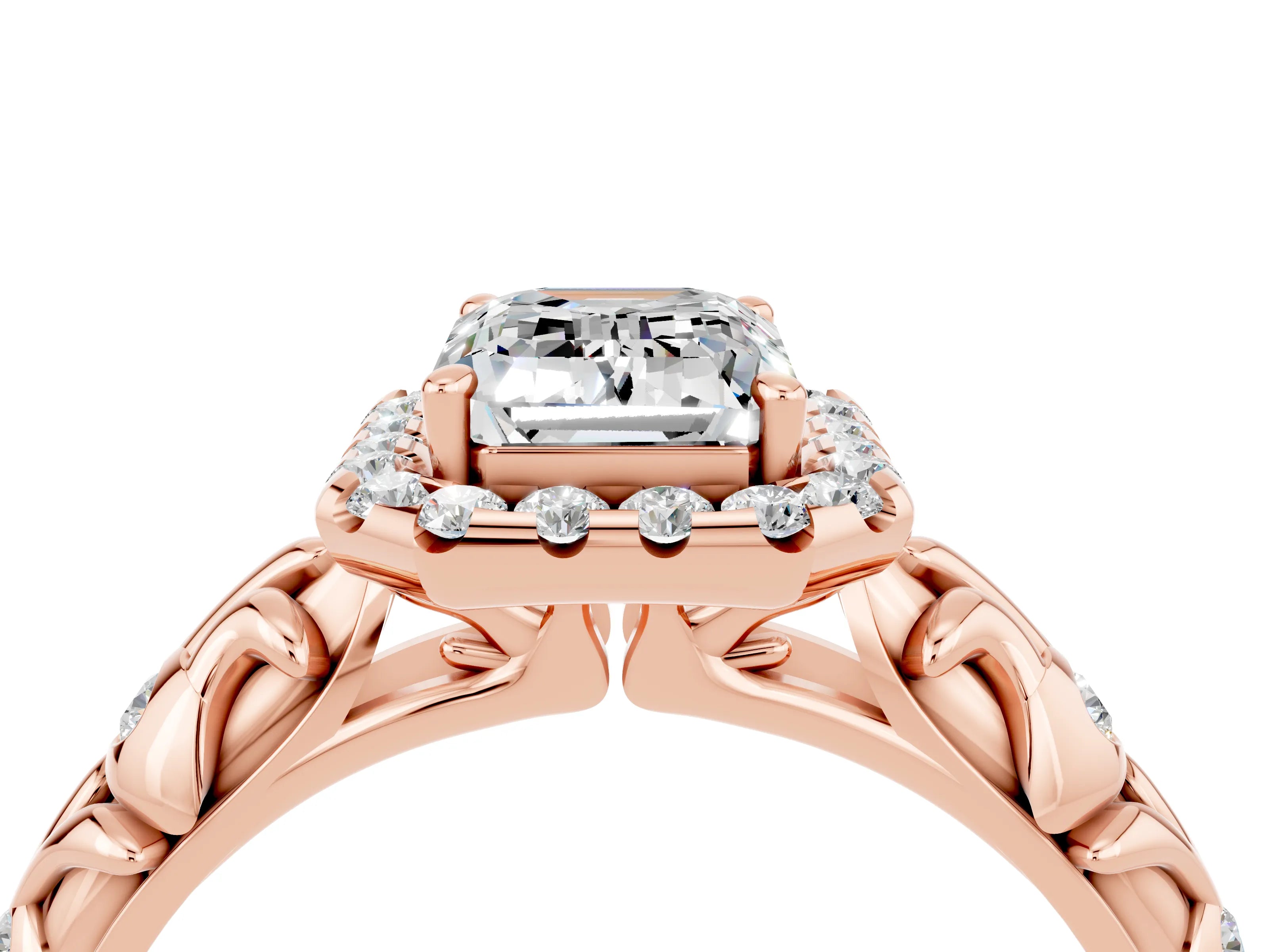 Rose gold Emerald Cut Halo Diamond Solitaire with Filigree Band and Four-Prong Setting_4