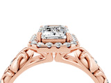 Rose gold Emerald Cut Halo Diamond Solitaire with Filigree Band and Four-Prong Setting_4