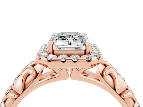 Rose gold Emerald Cut Halo Diamond Solitaire with Filigree Band and Four-Prong Setting_4