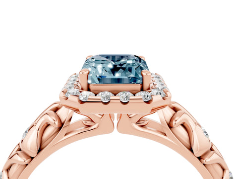 Rose gold Emerald Cut Halo Diamond Solitaire with Filigree Band and Four-Prong Setting_4