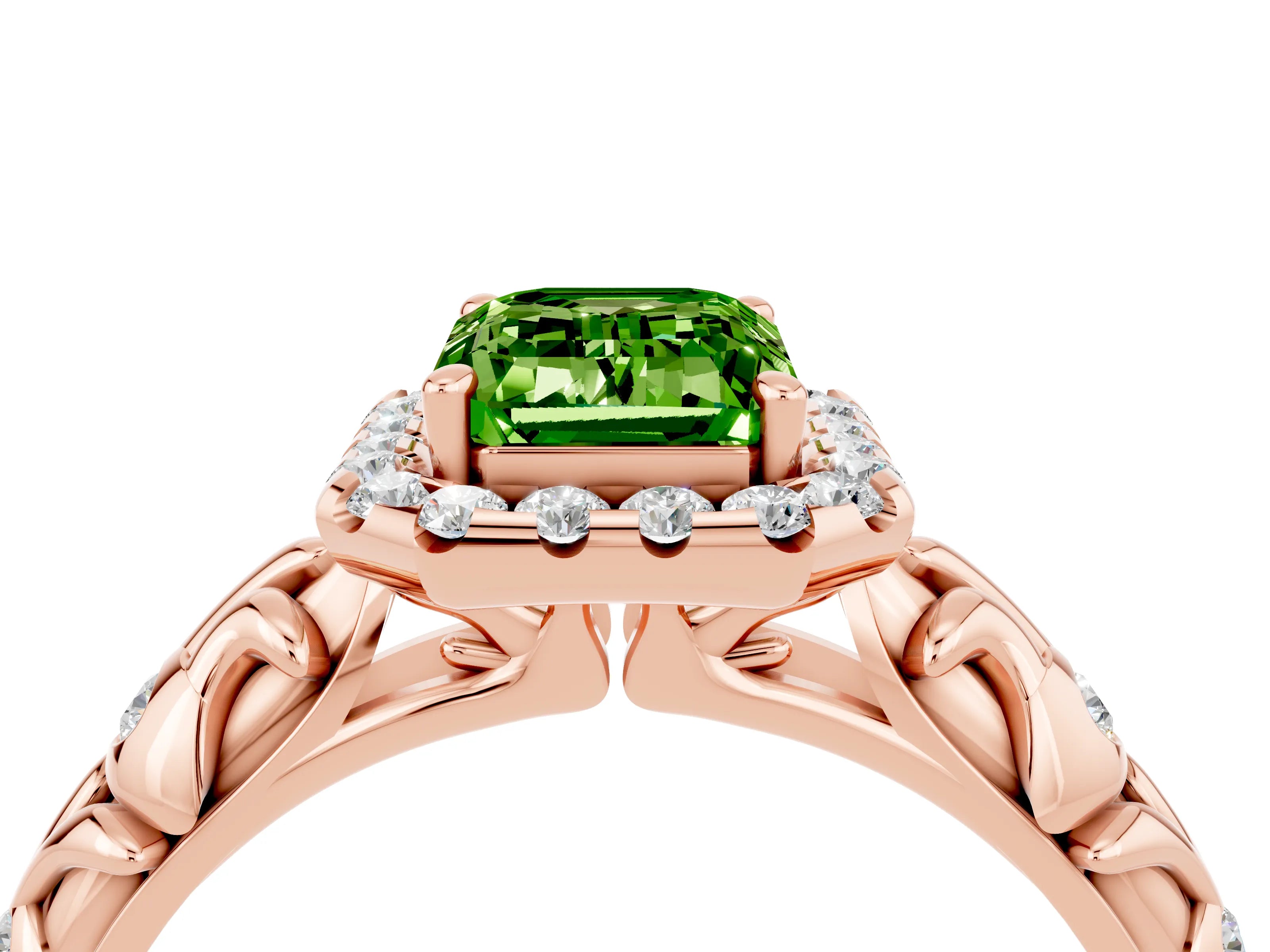 Rose gold Emerald Cut Halo Diamond Solitaire with Filigree Band and Four-Prong Setting_4