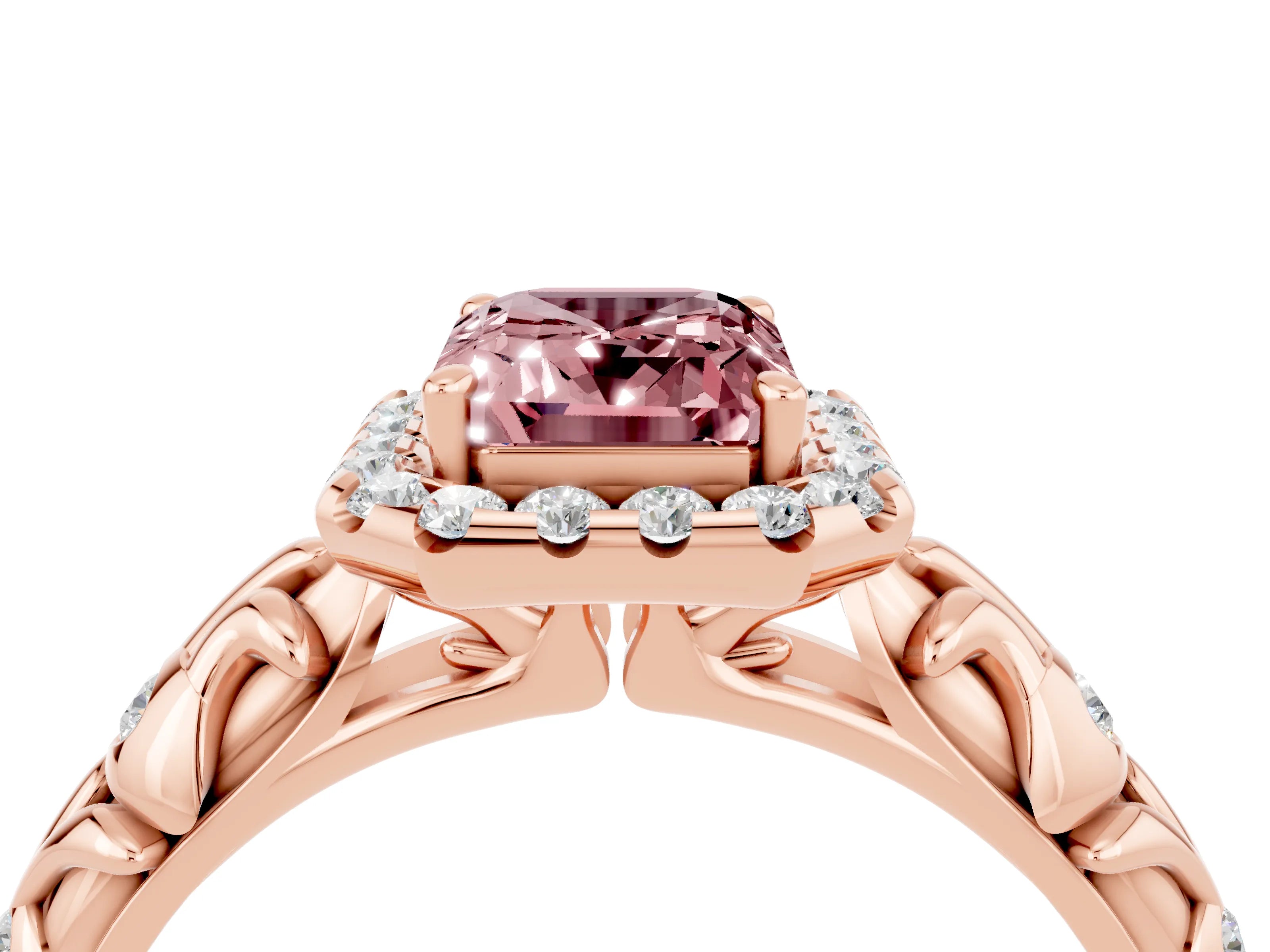 Rose gold Emerald Cut Halo Diamond Solitaire with Filigree Band and Four-Prong Setting_4