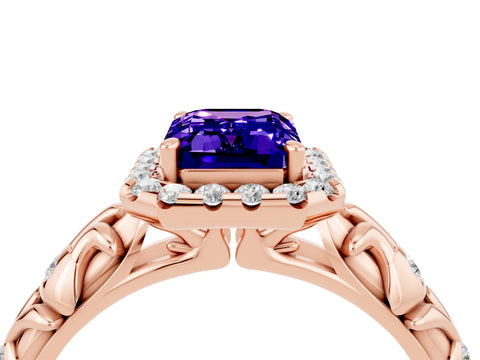 Rose gold Emerald Cut Halo Diamond Solitaire with Filigree Band and Four-Prong Setting_4