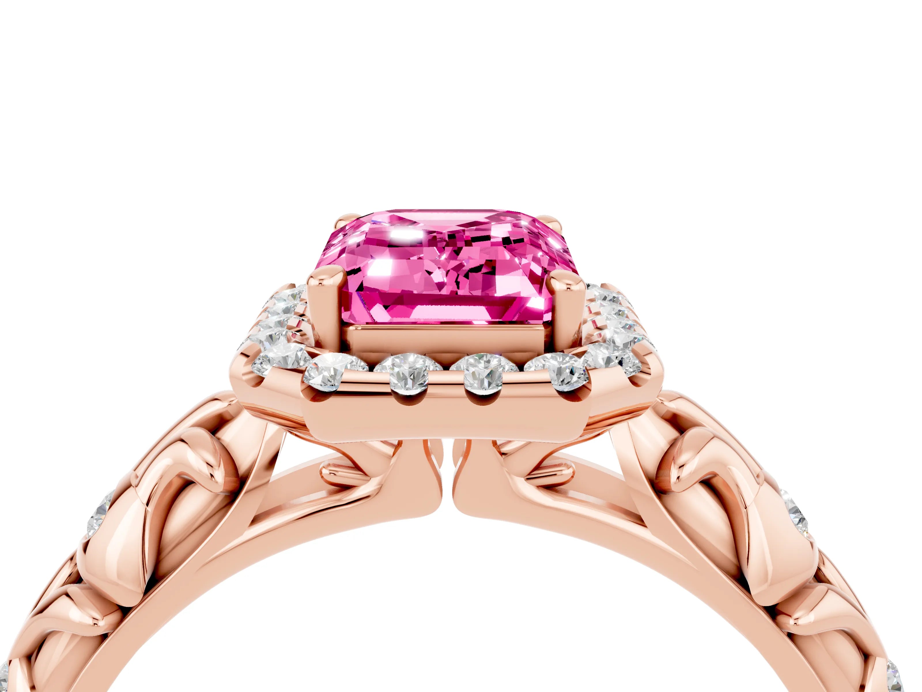Rose gold Emerald Cut Halo Diamond Solitaire with Filigree Band and Four-Prong Setting_4
