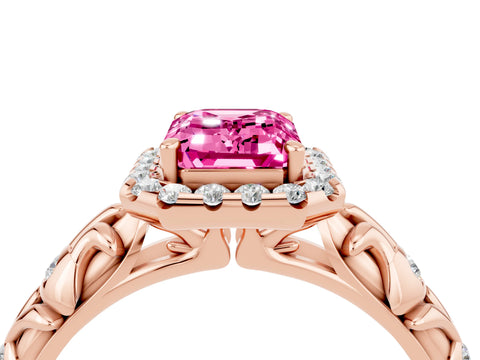 Rose gold Emerald Cut Halo Diamond Solitaire with Filigree Band and Four-Prong Setting_4