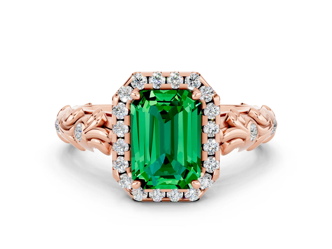 Rose gold Emerald Cut Halo Diamond Solitaire with Filigree Band and Four-Prong Setting