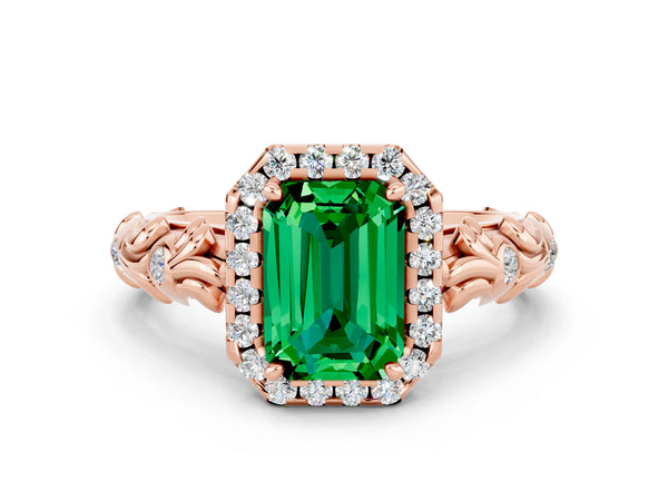 Rose gold Emerald Cut Emerald Halo Ring with Filigree Band and Prong Setting
