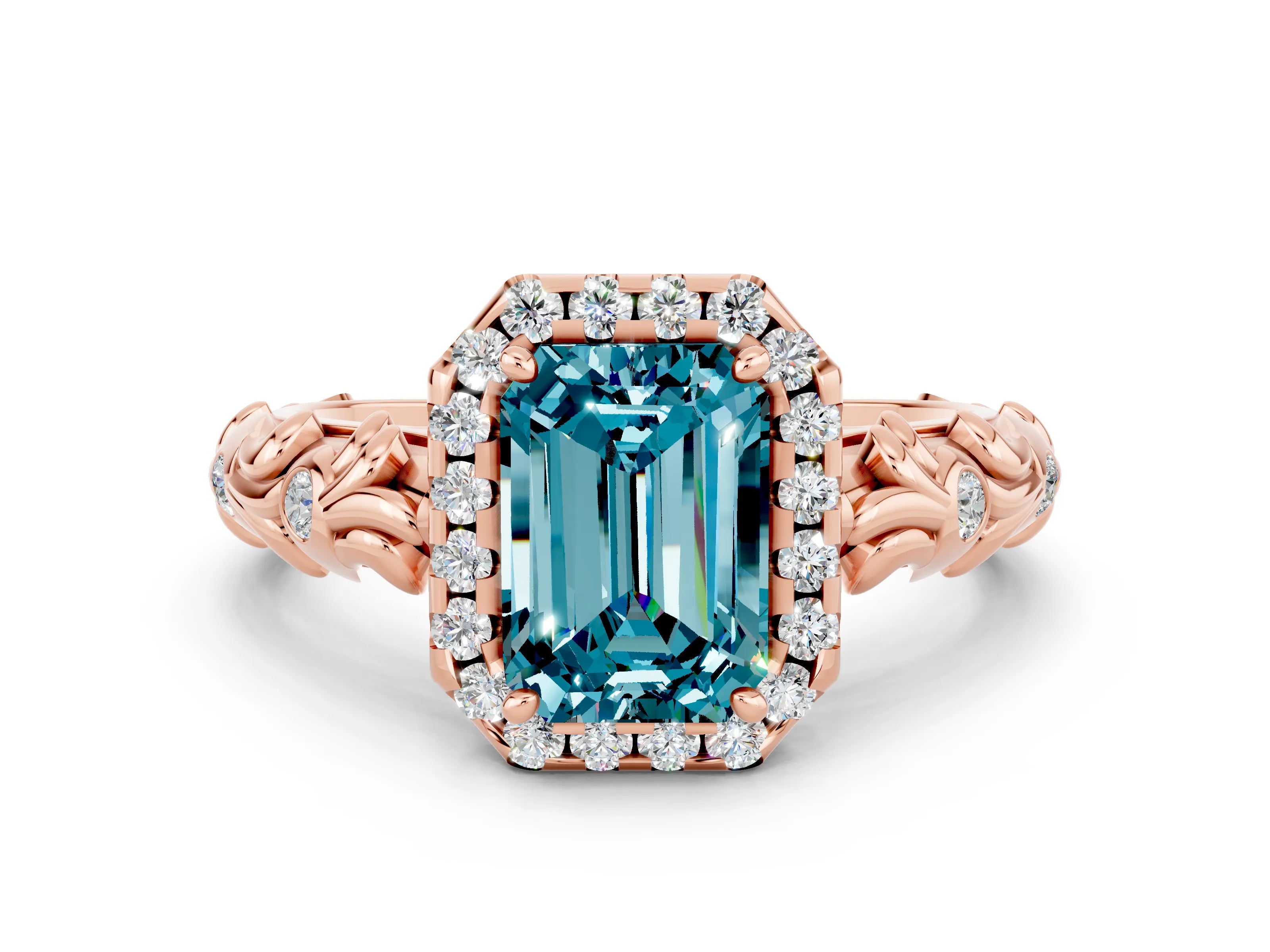 Rose gold Emerald Cut Halo Diamond Solitaire with Filigree Band and Four-Prong Setting