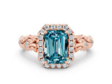 Rose gold Emerald Cut Halo Diamond Solitaire with Filigree Band and Four-Prong Setting