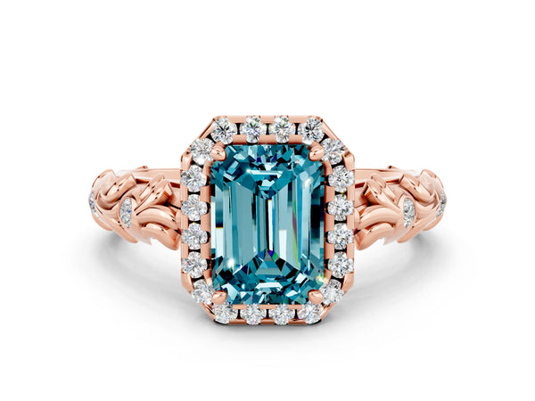 Rose gold Emerald Cut Halo Diamond Solitaire with Filigree Band and Four-Prong Setting