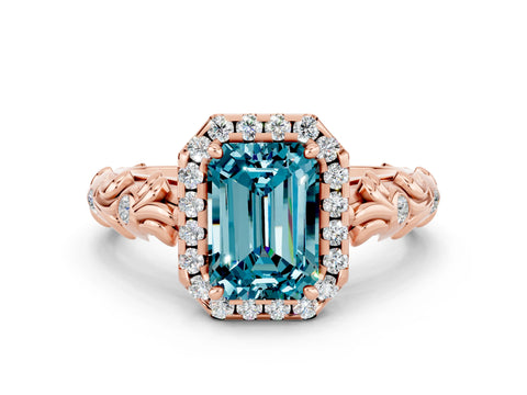 Rose gold Emerald Cut Halo Diamond Solitaire with Filigree Band and Four-Prong Setting