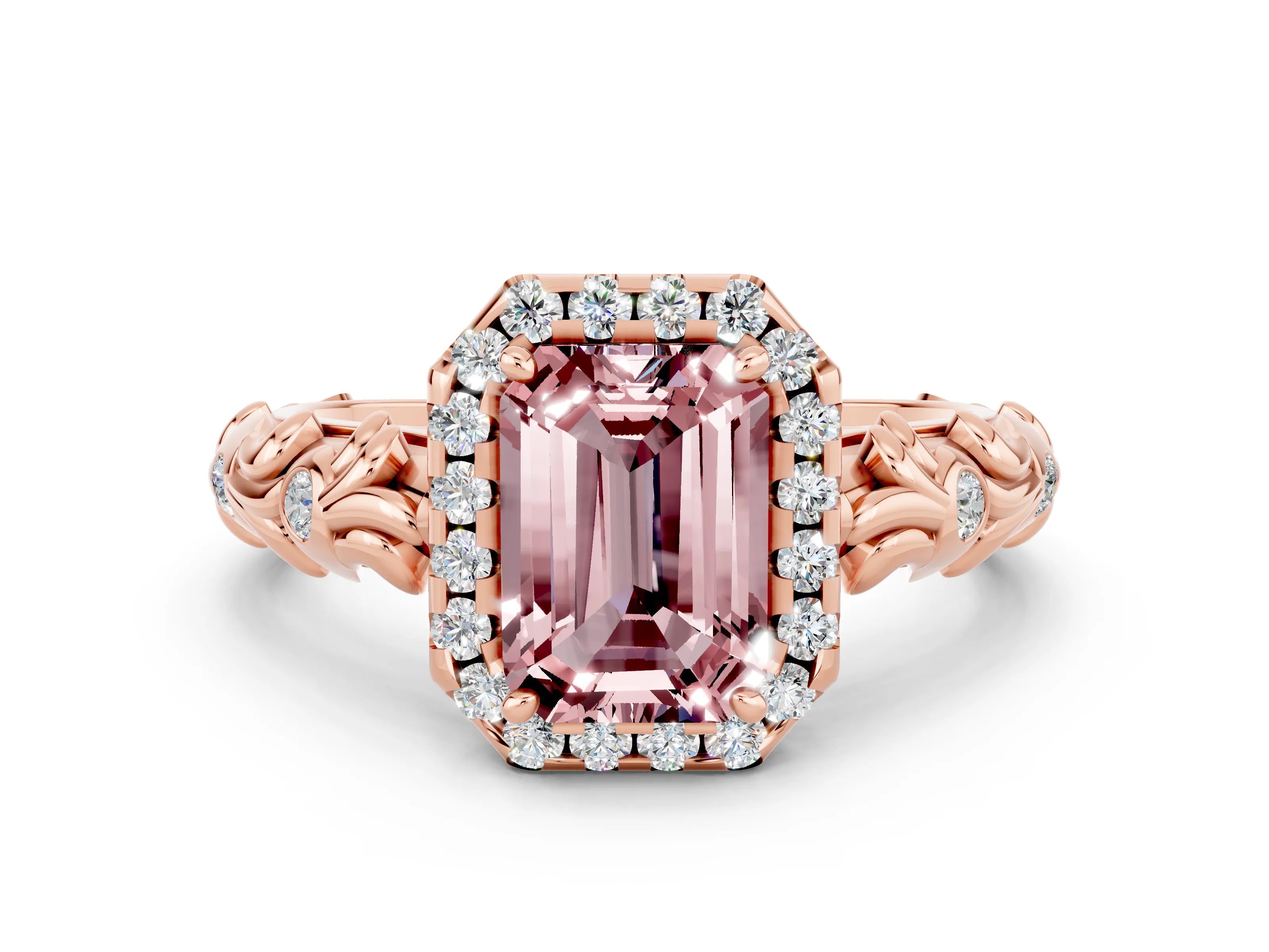 Rose gold Emerald Cut Halo Diamond Solitaire with Filigree Band and Four-Prong Setting