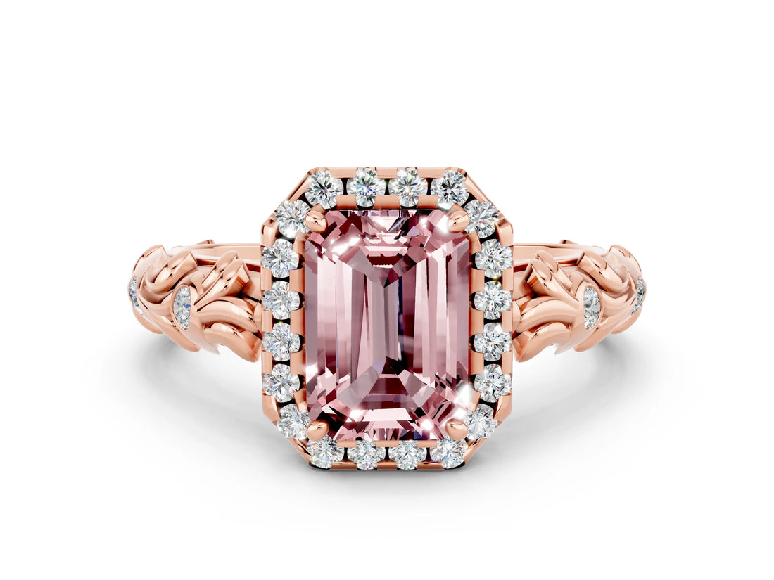 Rose gold Emerald Cut Halo Diamond Solitaire with Filigree Band and Four-Prong Setting