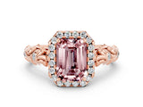 Rose gold Emerald Cut Halo Diamond Solitaire with Filigree Band and Four-Prong Setting