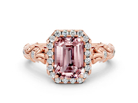 Rose gold Emerald Cut Halo Diamond Solitaire with Filigree Band and Four-Prong Setting