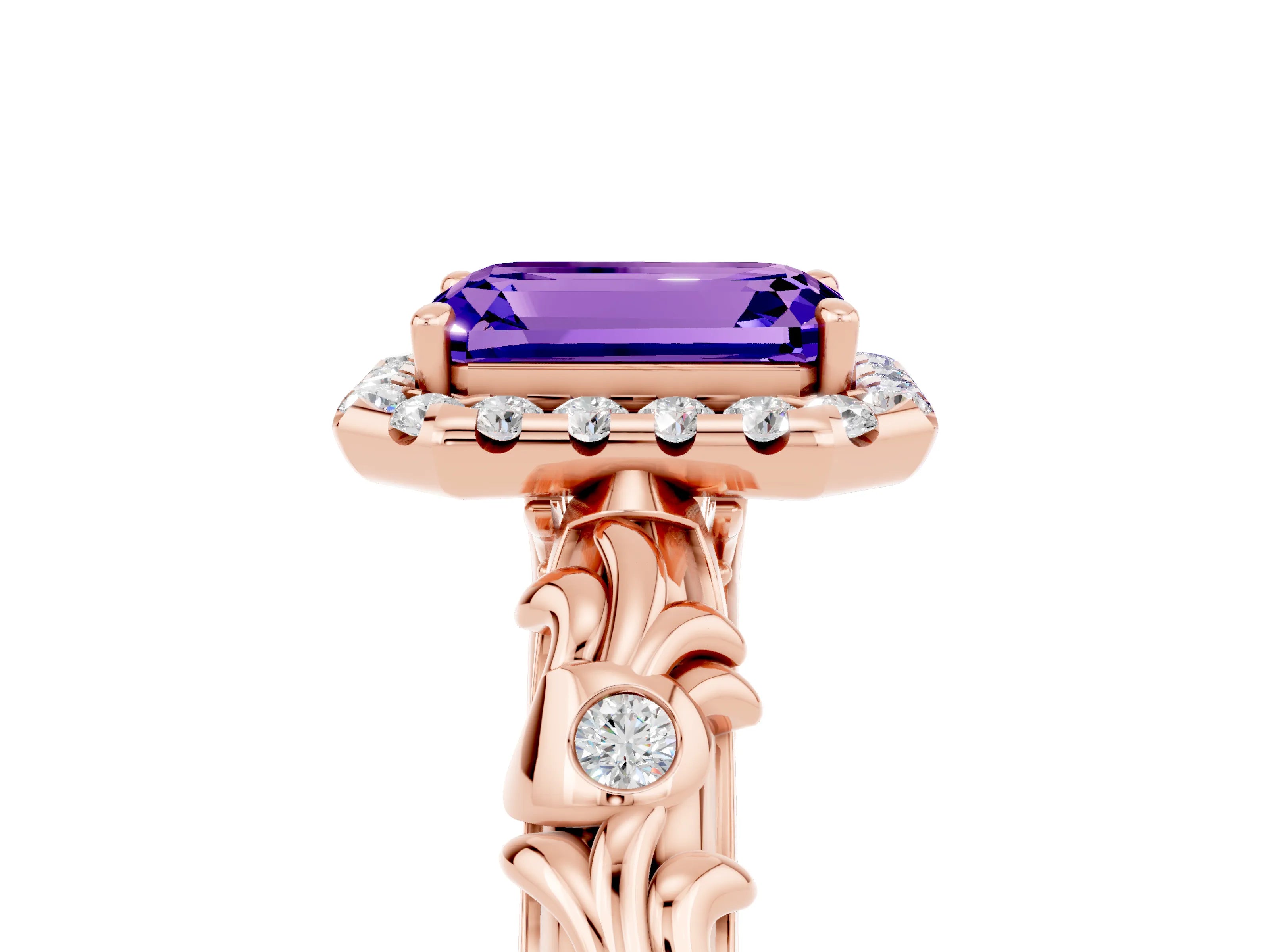 Rose gold Emerald Cut Halo Diamond Solitaire with Filigree Band and Four-Prong Setting_5