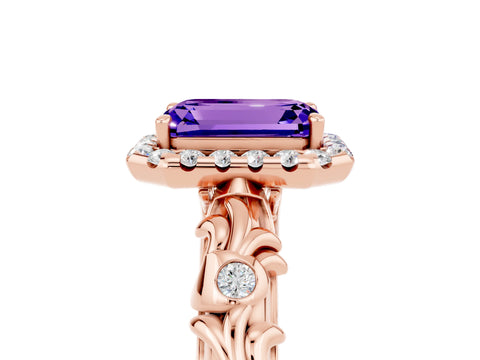 Rose gold Emerald Cut Halo Diamond Solitaire with Filigree Band and Four-Prong Setting_5