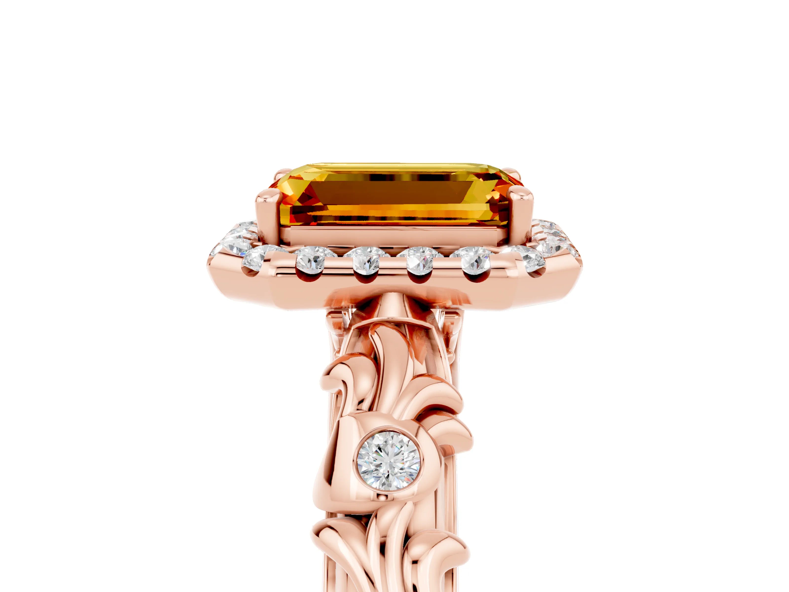 Rose gold Emerald Cut Halo Diamond Solitaire with Filigree Band and Four-Prong Setting_5