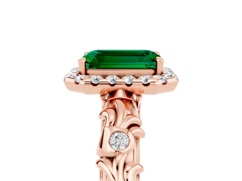 Rose gold Emerald Cut Halo Diamond Solitaire with Filigree Band and Four-Prong Setting_5
