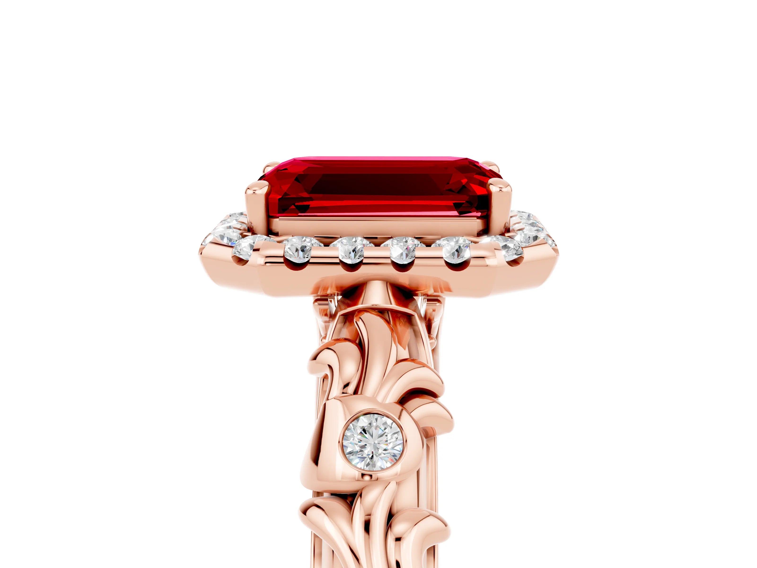 Rose gold Emerald Cut Halo Diamond Solitaire with Filigree Band and Four-Prong Setting_5