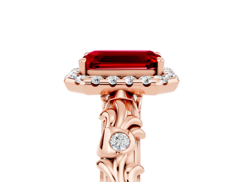 Rose gold Emerald Cut Halo Diamond Solitaire with Filigree Band and Four-Prong Setting_5