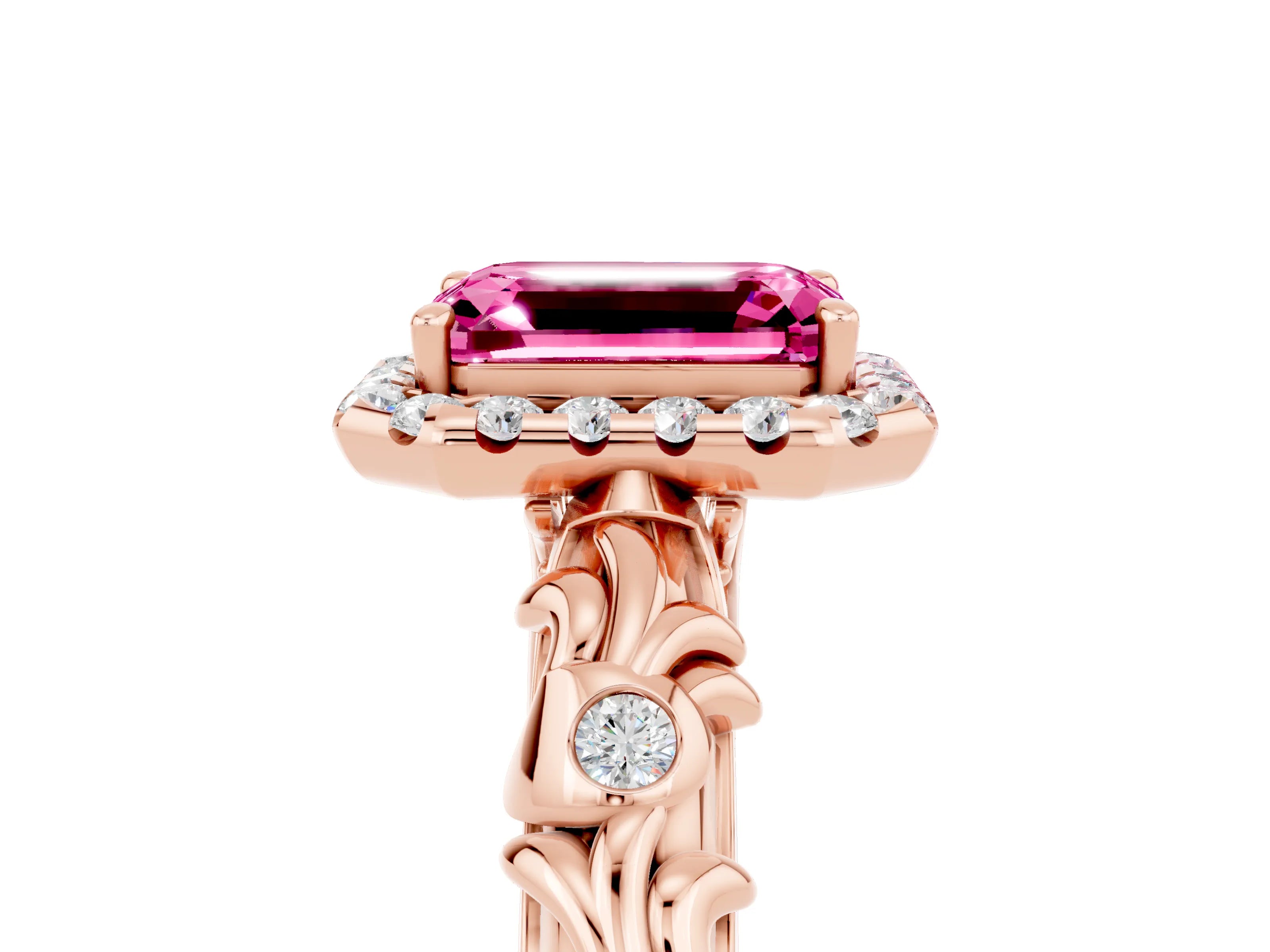 Rose gold Emerald Cut Halo Diamond Solitaire with Filigree Band and Four-Prong Setting_5