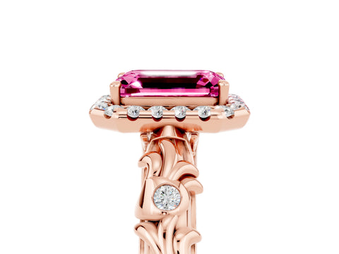 Rose gold Emerald Cut Halo Diamond Solitaire with Filigree Band and Four-Prong Setting_5