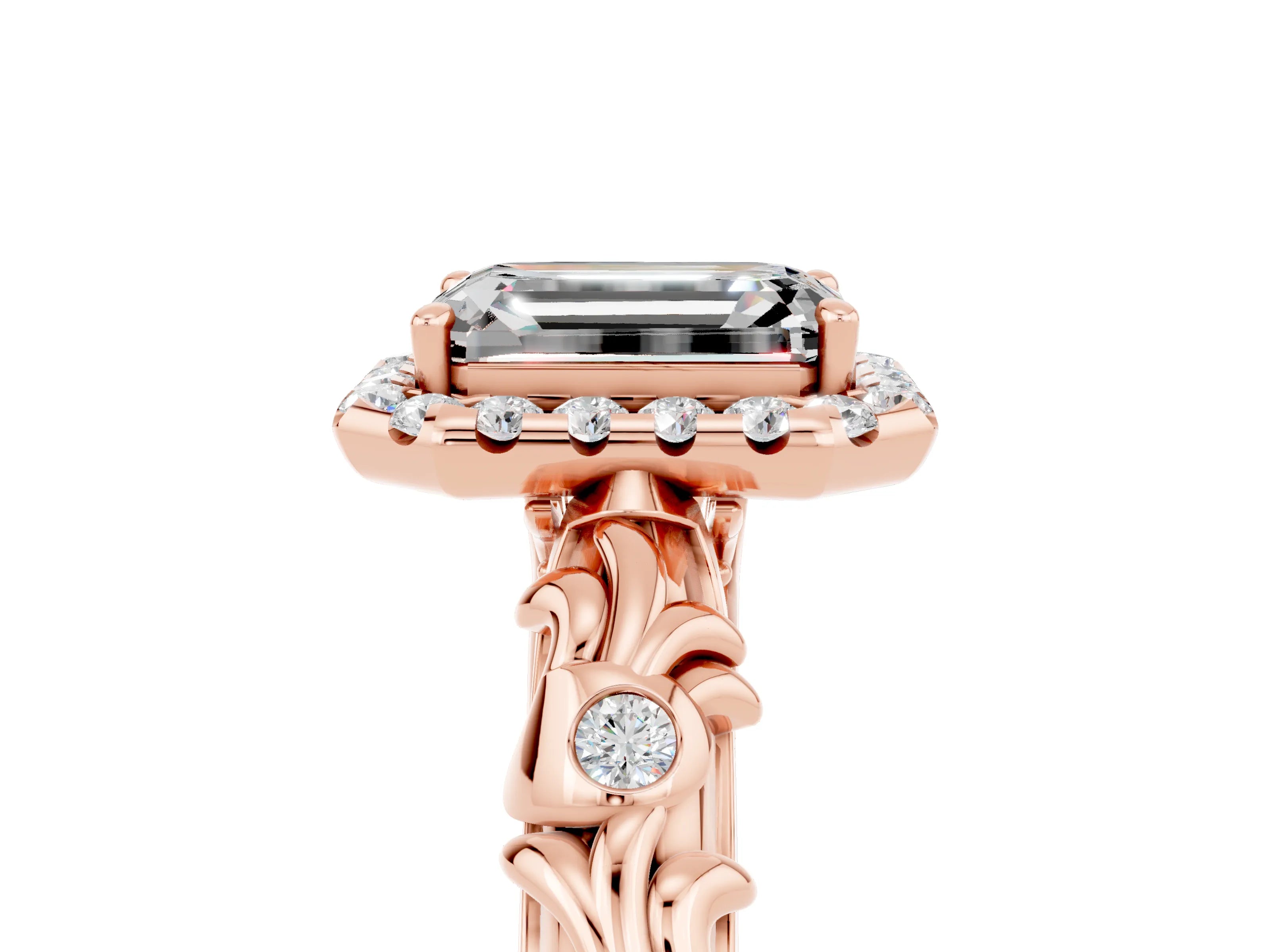 Rose gold Emerald Cut Halo Diamond Solitaire with Filigree Band and Four-Prong Setting_5